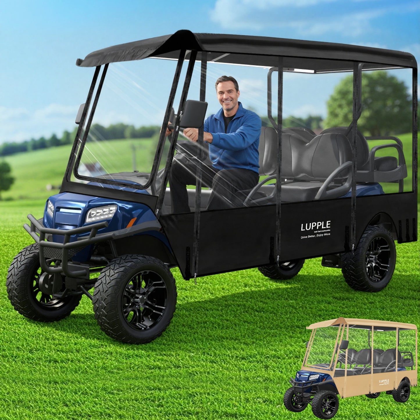 Universal 6-Passenger Golf Cart Enclosure 120in Long Roof For Club Car/EZGO/Yamaha/Evolution, 600D+PVC, 4-Side Doors