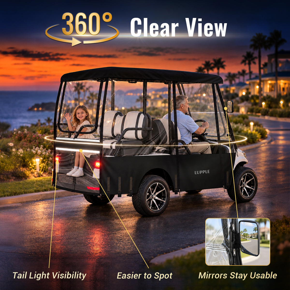 Universal 4 Passenger Golf Cart Enclosure for 75–81" Extended Roof, 2+2 Seat
