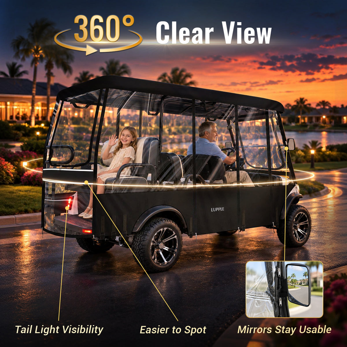 Universal 6 Passenger Golf Cart Enclosure for 114–122" Long Roof, 4+2 Seating