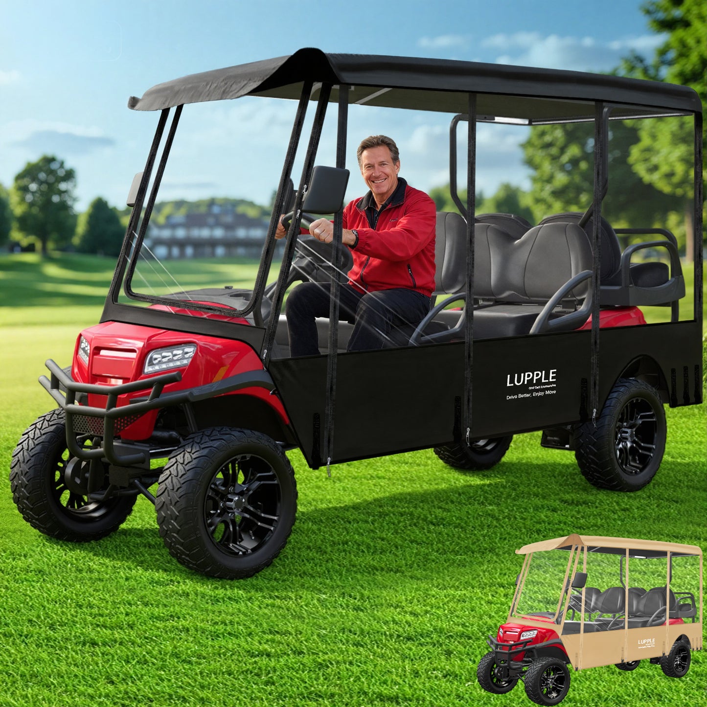 6 Passenger Enclosure for Club Car, 122.05 in Roof, 600D+PVC, 4-Side Zip Doors, Elastic Hem & Hooks