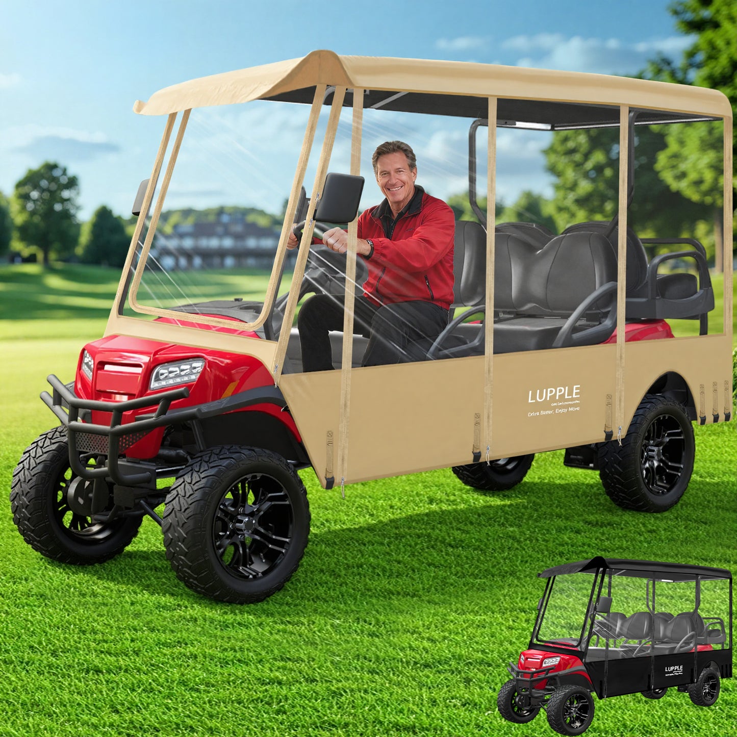 6 Passenger Enclosure for Club Car, 122.05 in Roof, 600D+PVC, 4-Side Zip Doors, Elastic Hem & Hooks