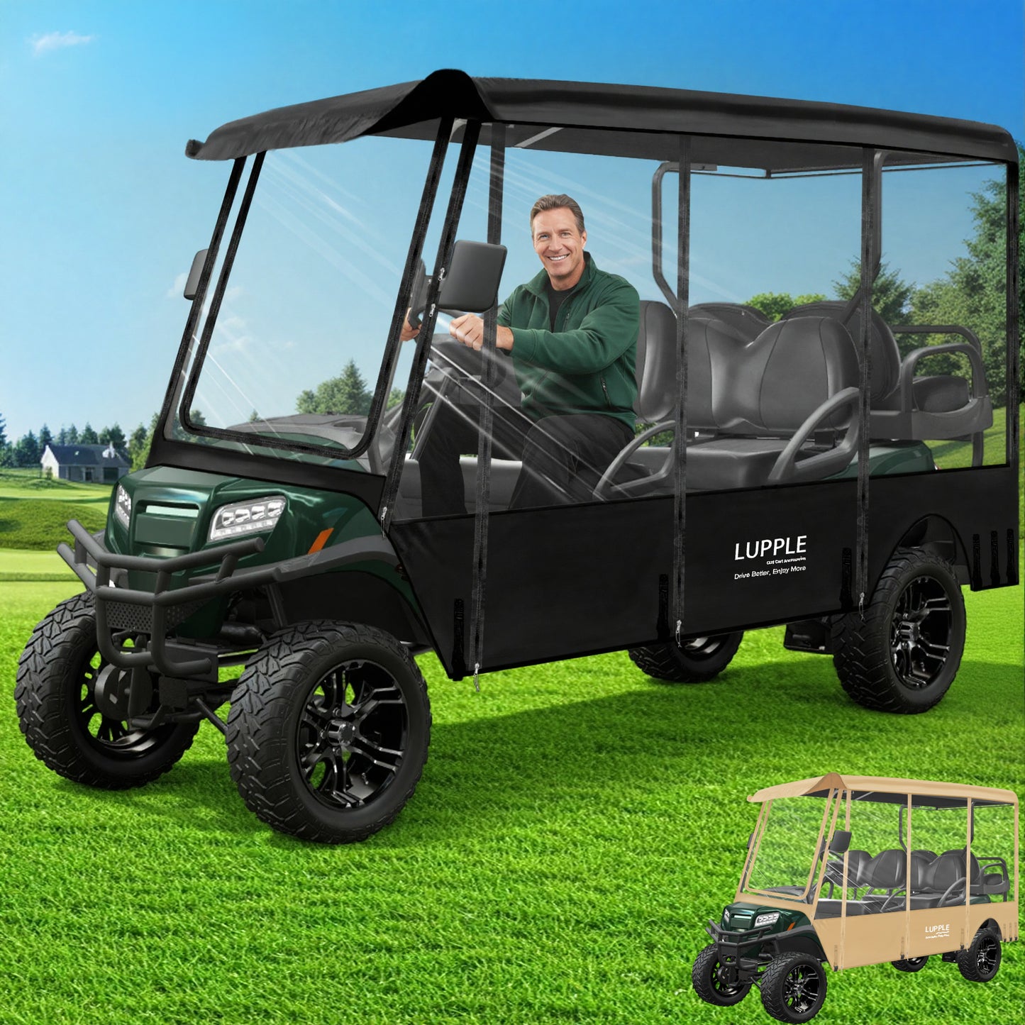 EZGO 6-Passenger Enclosure for Express S6/L6 (116in Roof), 600D+PVC, 4-Side Zip Doors