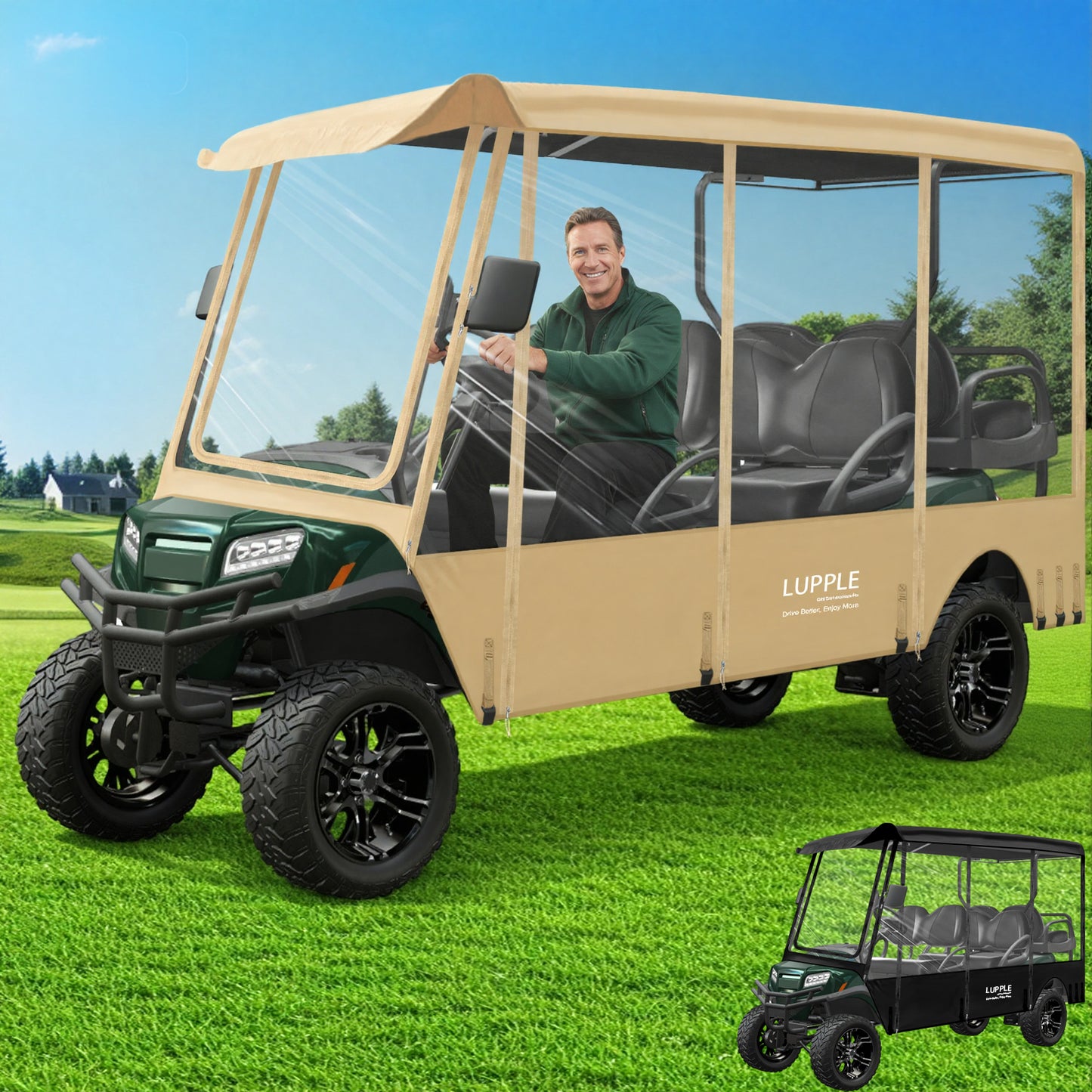 EZGO 6-Passenger Enclosure for Express S6/L6 (116in Roof), 600D+PVC, 4-Side Zip Doors