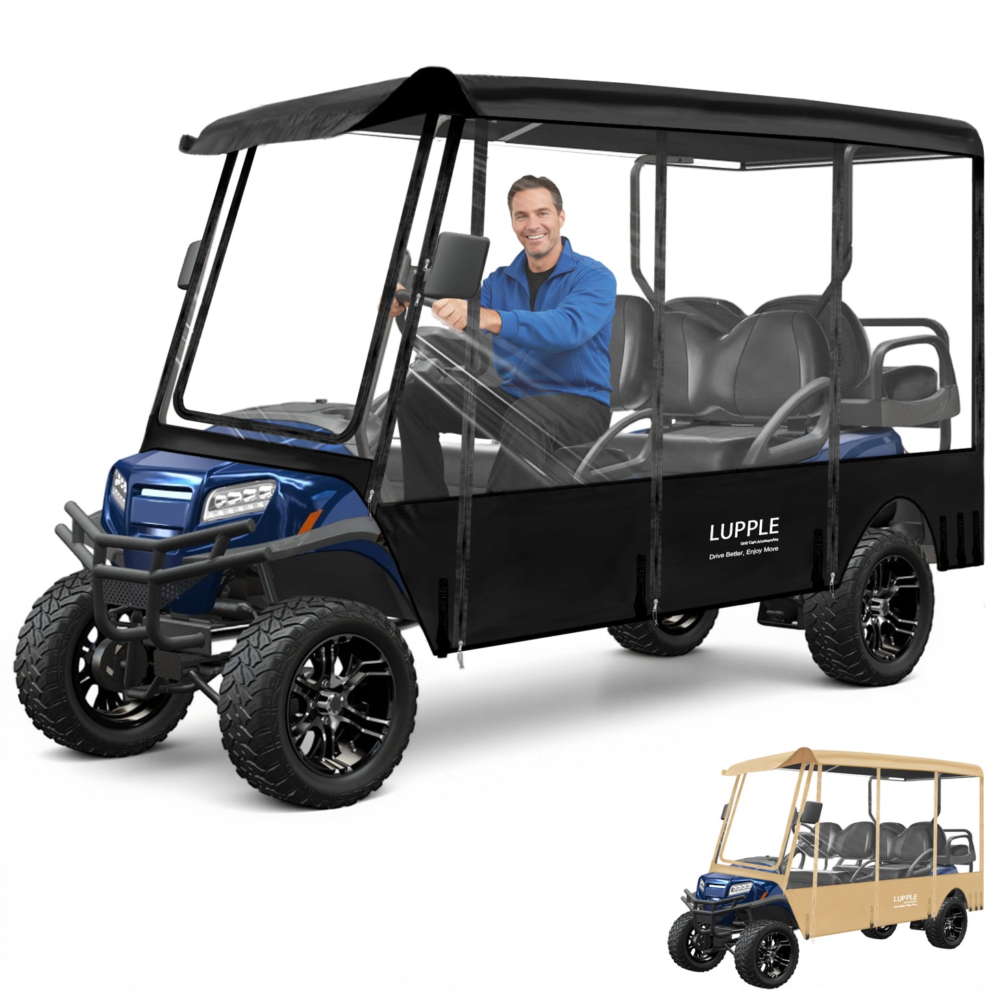 Universal 6-Passenger Golf Cart Enclosure 120in Long Roof For Club Car/EZGO/Yamaha/Evolution, 600D+PVC, 4-Side Doors