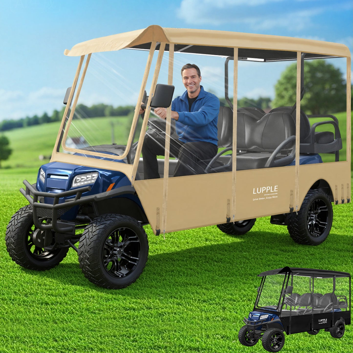Universal 6-Passenger Golf Cart Enclosure 120in Long Roof For Club Car/EZGO/Yamaha/Evolution, 600D+PVC, 4-Side Doors