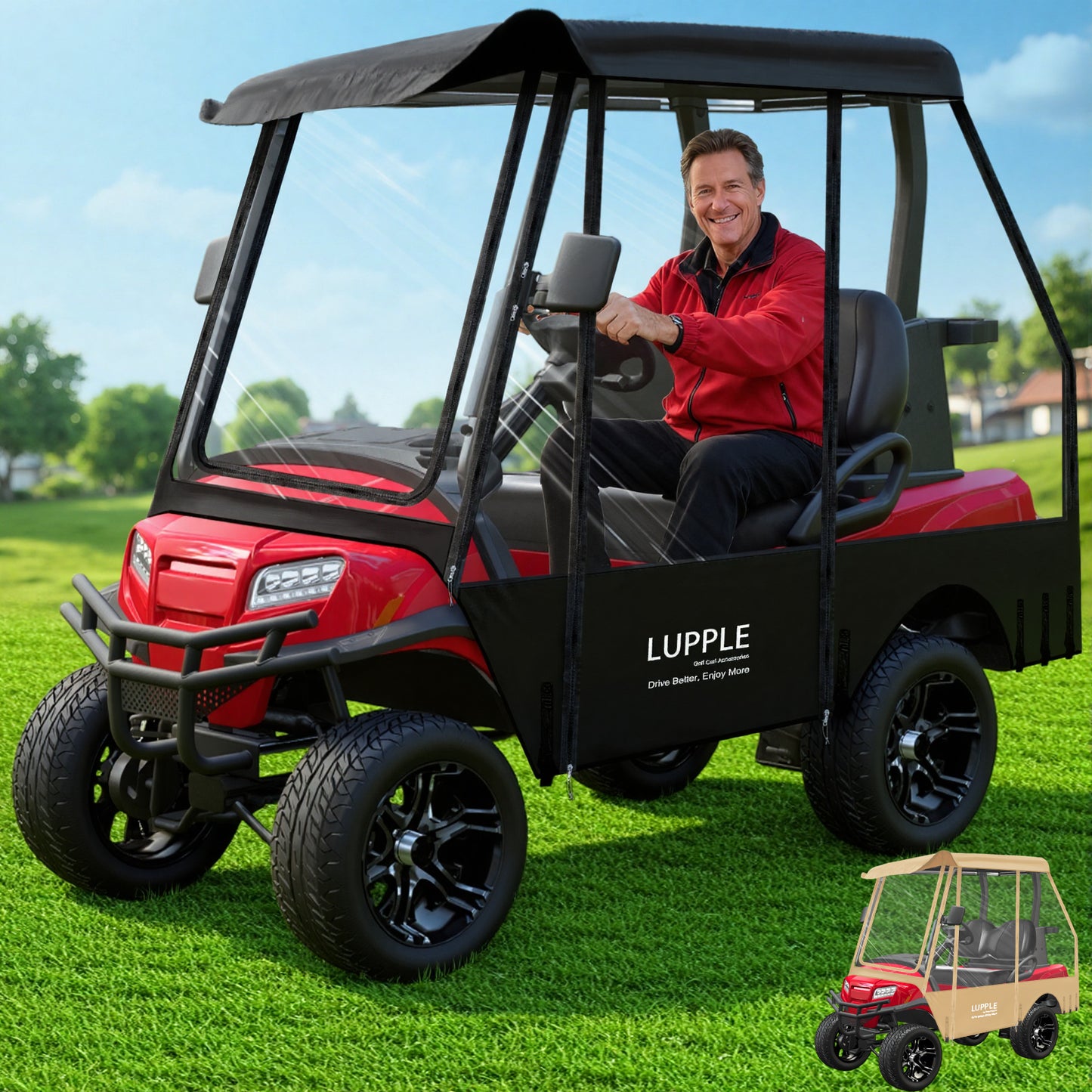 Universal 2-Passenger Golf Cart Enclosure Fits EZGO/Club Car/Yamaha/Evolution/ICON, 600D+PVC, 4-Side Zips