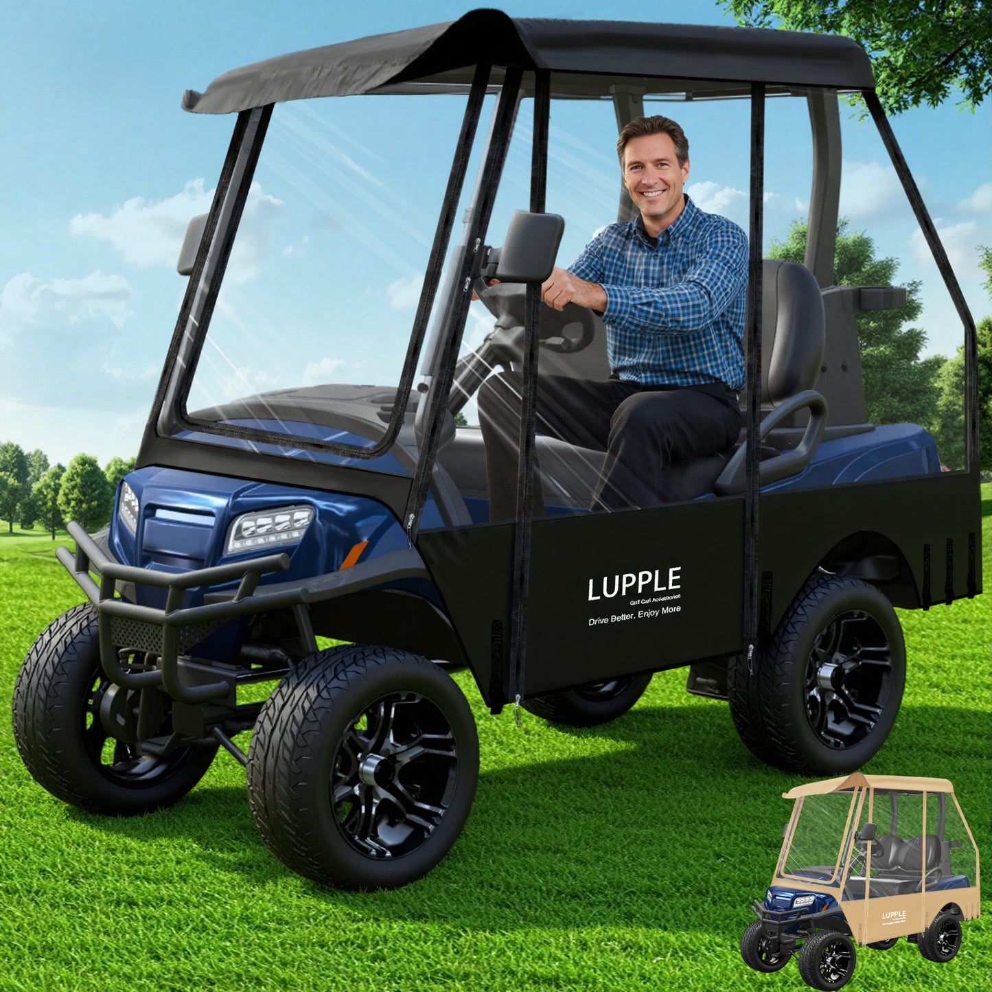 2 Passenger Golf Cart Enclosure for EZGO TXT/RXV, Fits 57–61" Roofs, 600D+PVC, Extended Rear Space, 4-Side Zip Doors