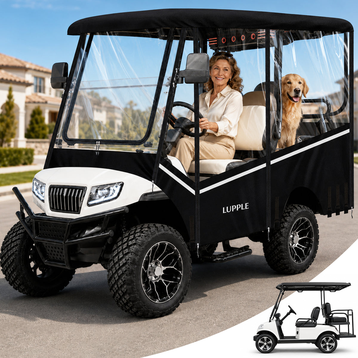 A woman and a dog sitting in a golf cart fitted with a clear-sided enclosure