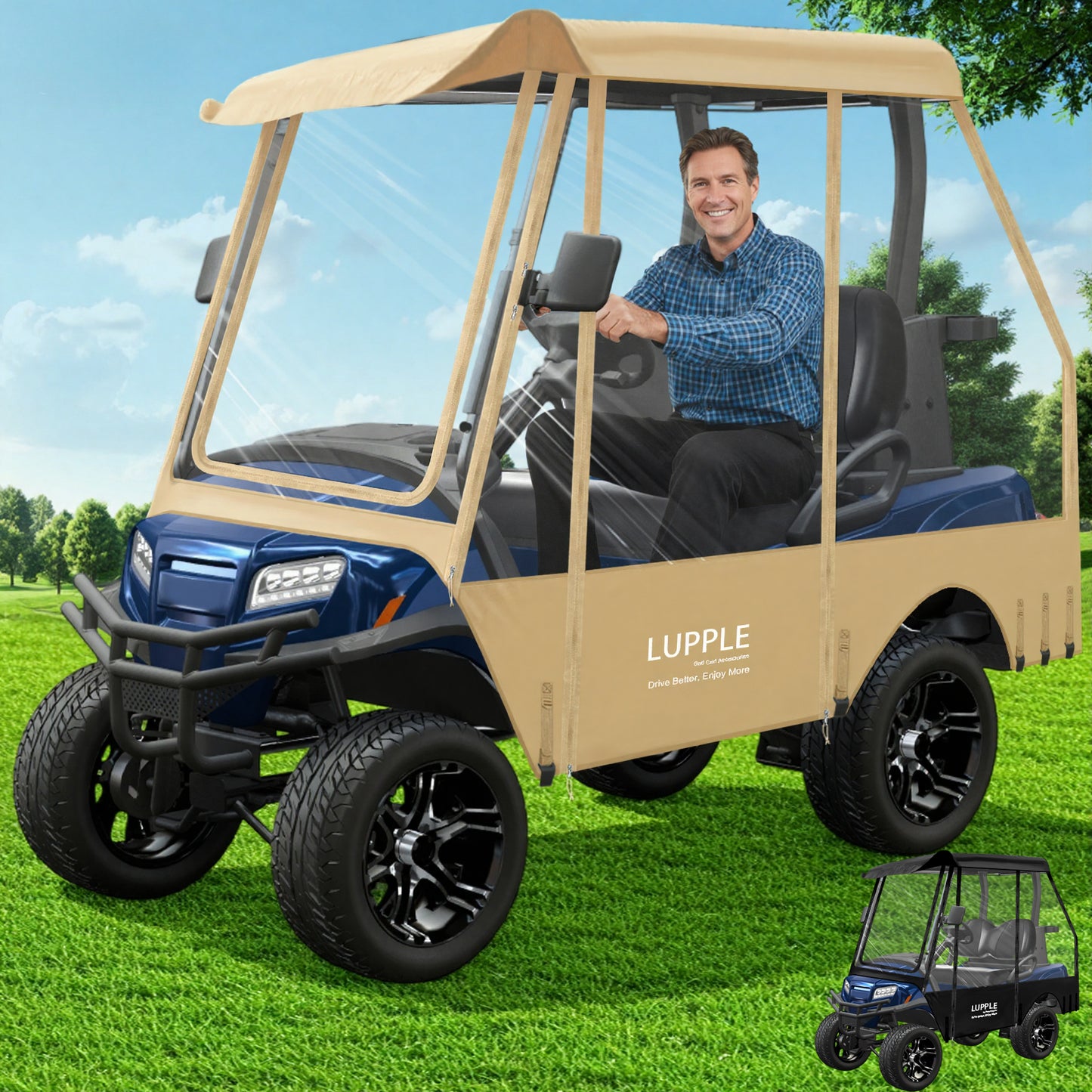 2 Passenger Golf Cart Enclosure for EZGO TXT/RXV, Fits 57–61" Roofs, 600D+PVC, Extended Rear Space, 4-Side Zip Doors