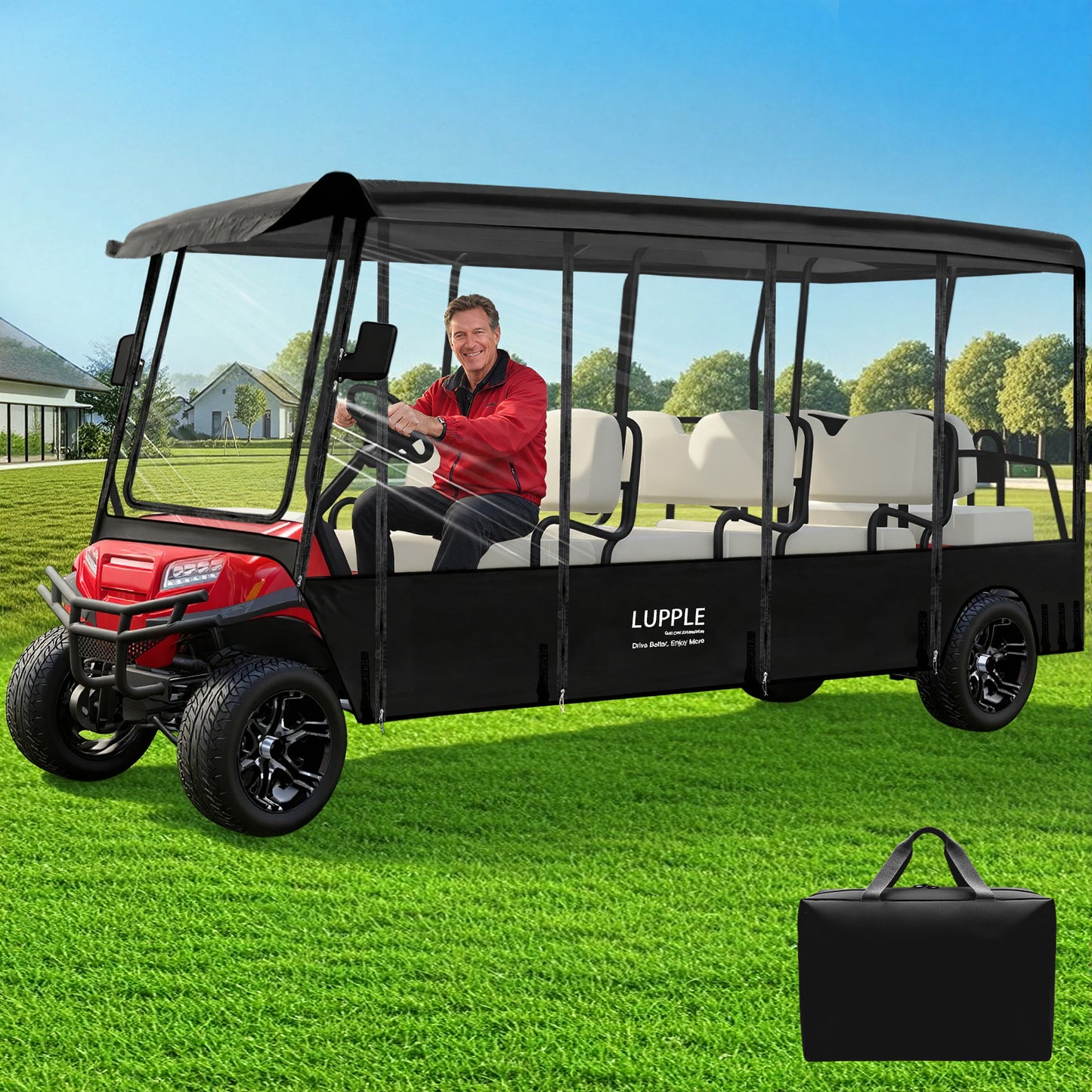 8-Passenger Golf Cart Enclosure 140–142" Roofs for Club Car/EZGO/Yamaha, 600D Oxford, 4-Side Zip Doors