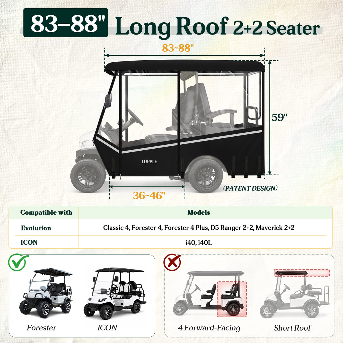 4 Passenger Golf Cart Enclosure for 83–88" Long Roof for Evolution & Icon, 2+2 Seat, Signature V-Shaped Design