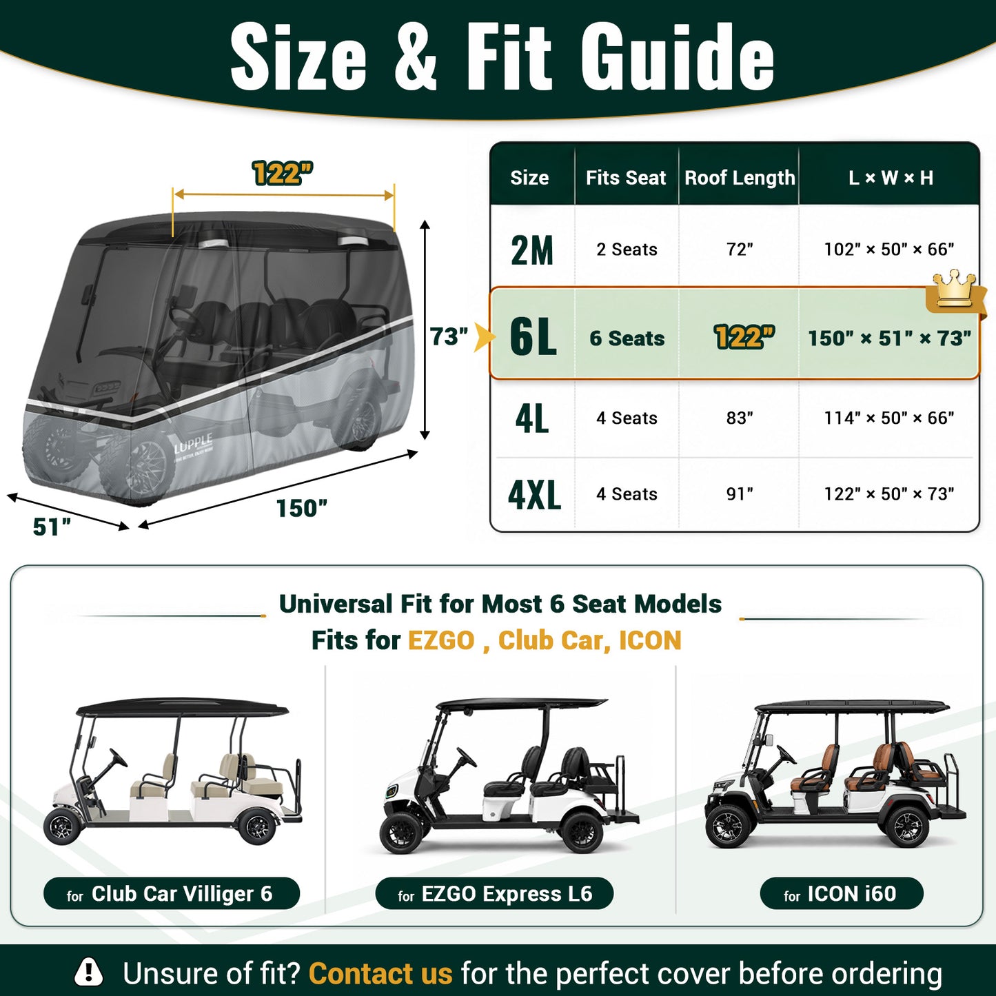 6 Passenger Golf Cart Cover for EZGO Express L6 S6 Club Car Villager Yamaha, Extra Long Cover for Lifted 6 Seater Carts