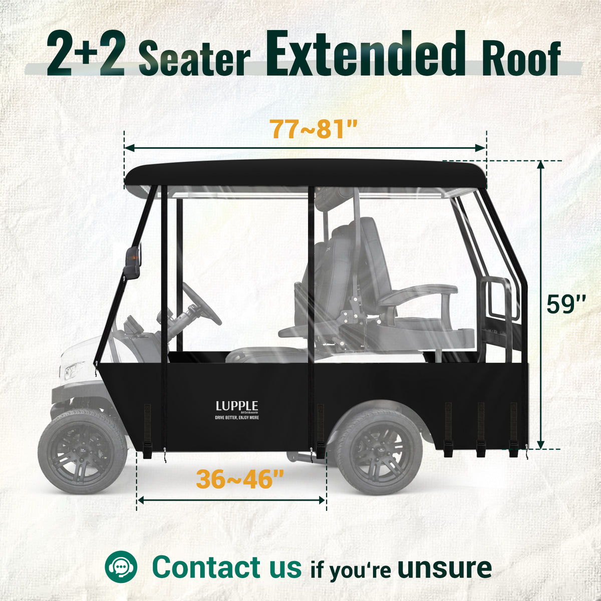 Side-view roof measurement diagram with dimension markers on a four-seat golf cart.