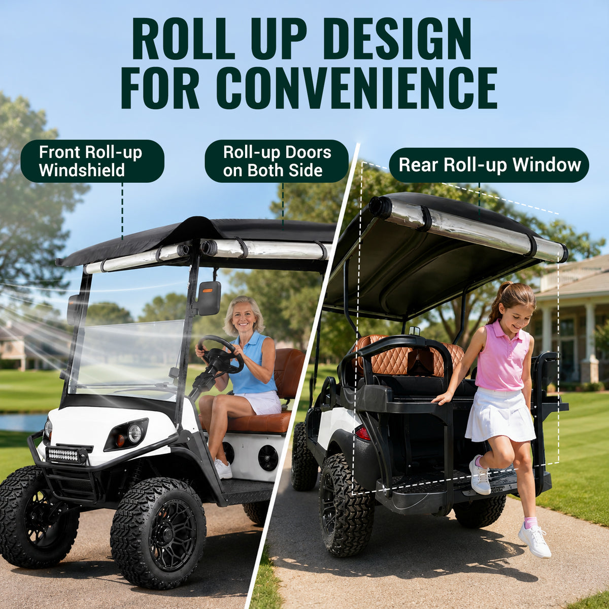 Black enclosure with zippered side panels shown open on a golf cart.