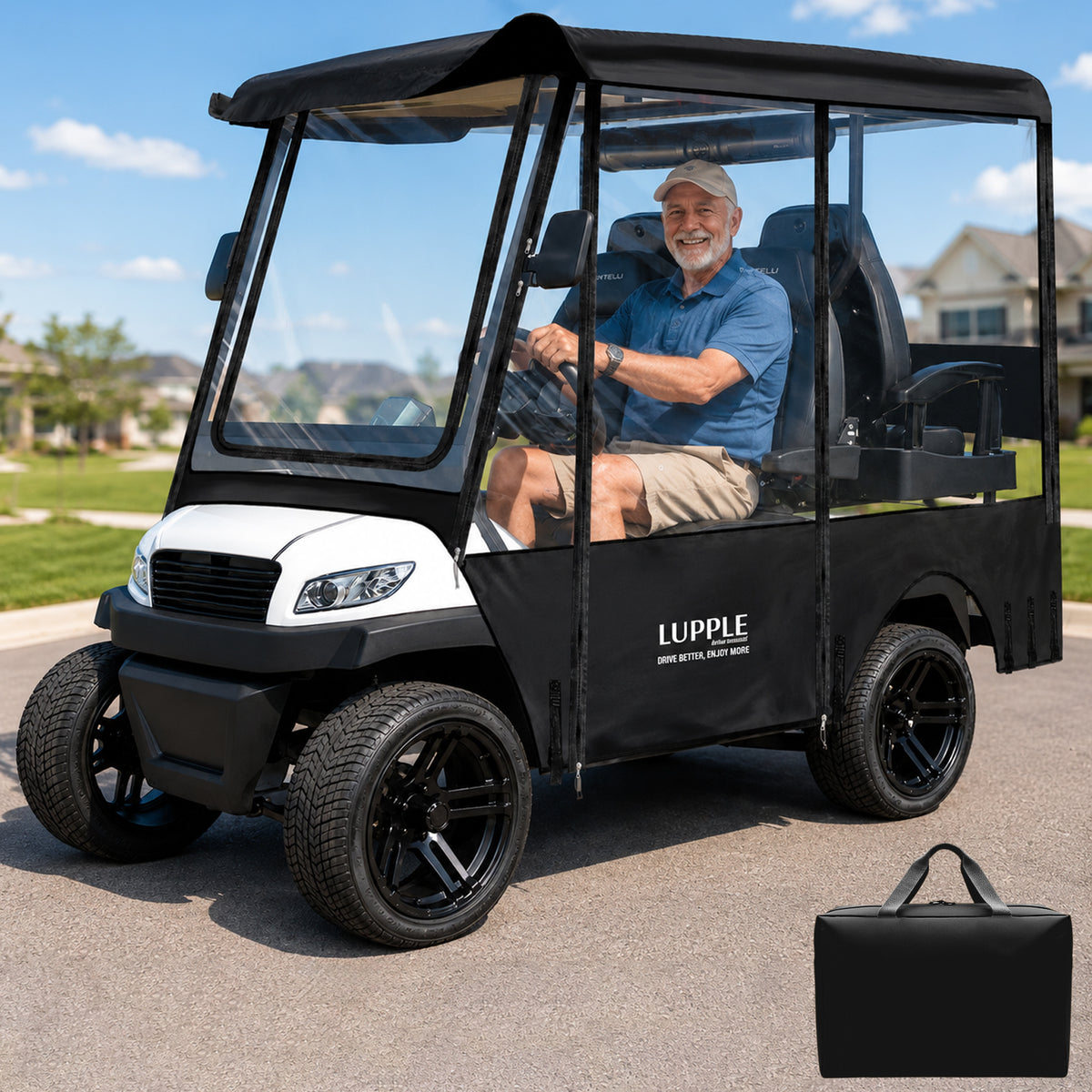 Black golf cart enclosure fitted to a four-seat cart, with matching carry bag shown.