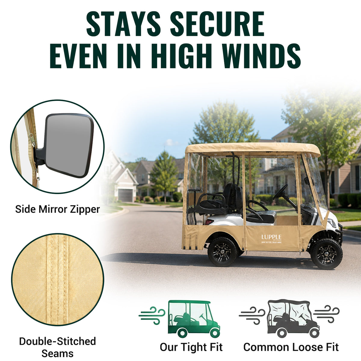 Khaki enclosure on a golf cart with inset detail views.