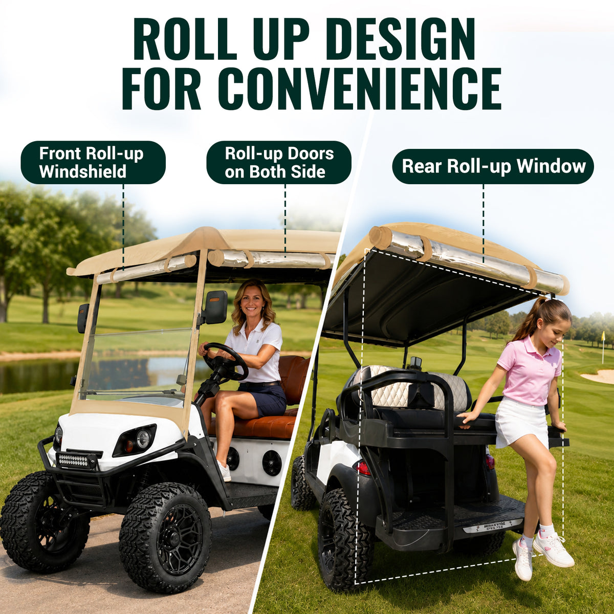 Khaki enclosure with zippered side panels shown open on a golf cart.