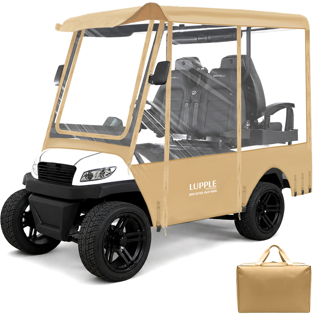Khaki enclosure and matching storage bag on a white background.