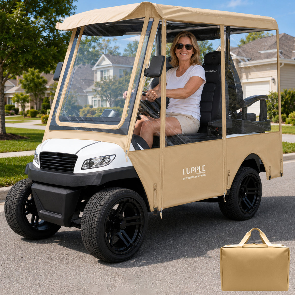 Khaki golf cart enclosure fitted to a four-seat cart, with matching carry bag shown.
