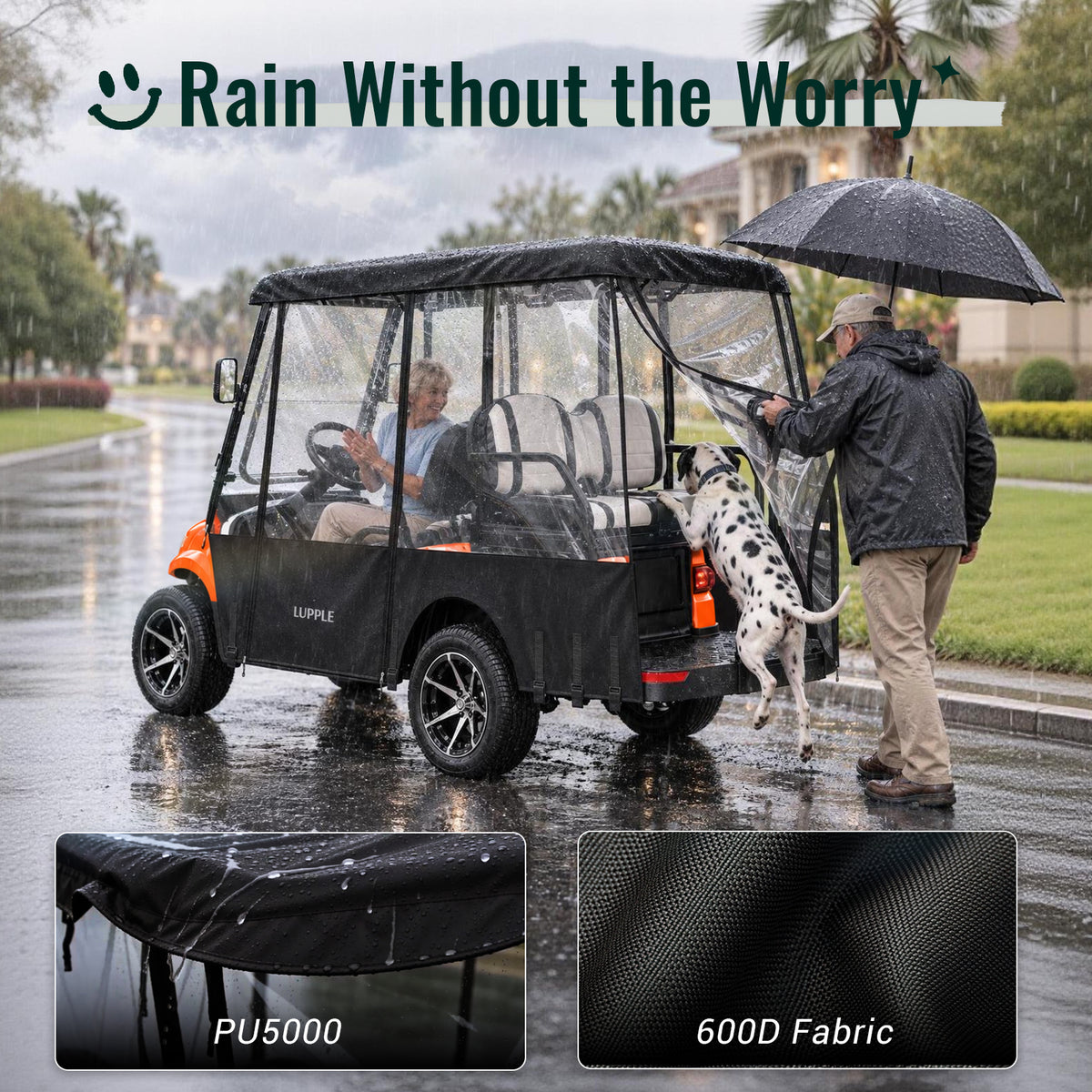 Four-passenger cart with a black enclosure on a wet road, with close-ups of the roof fabric.