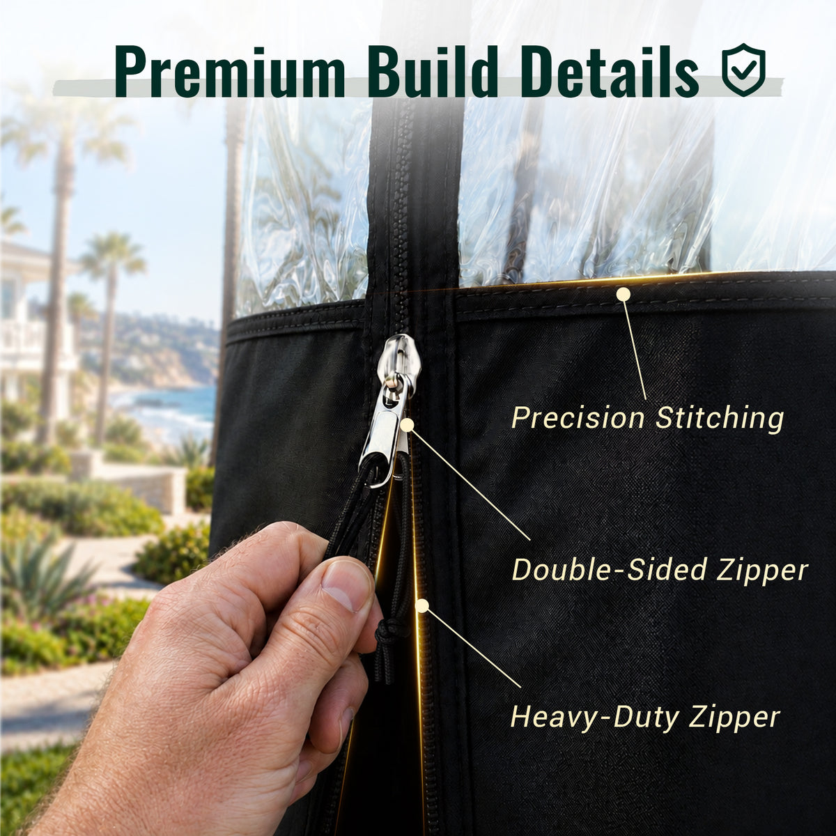 Close-up views of the black enclosure zipper, clear panel edge, and stitched fabric seams.
