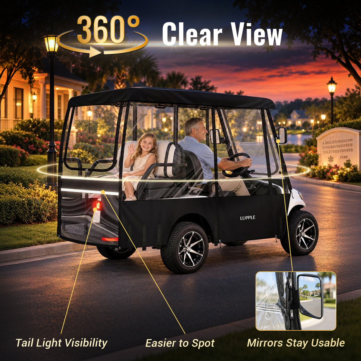 Four-passenger cart fitted with a black enclosure at dusk, with inset showing the side mirror opening.