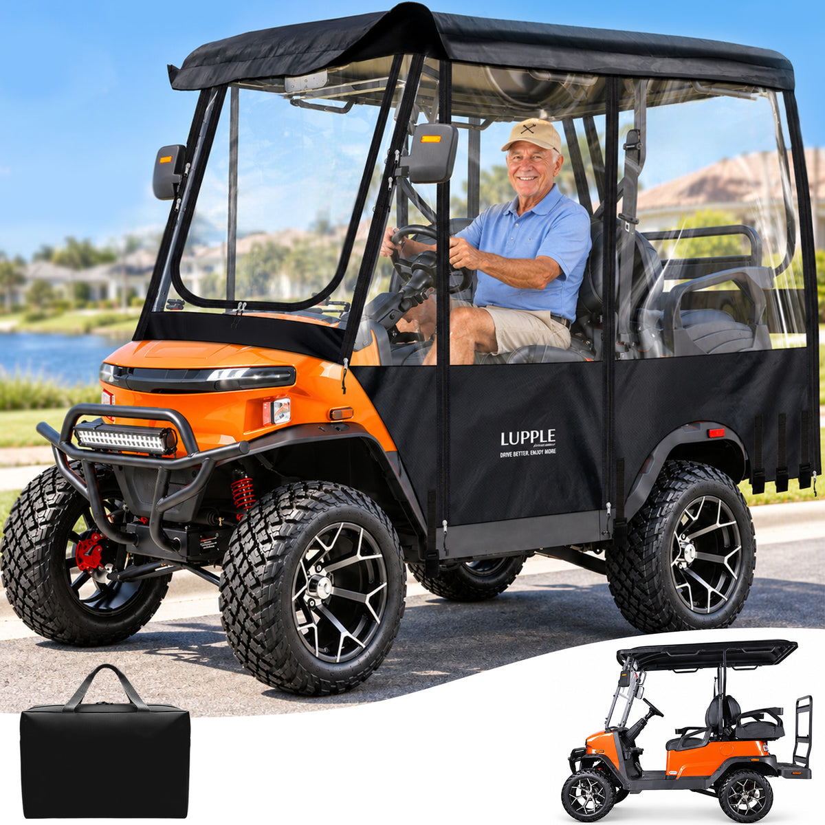 Driver in an orange golf cart fitted with a black LUPPLE enclosure, with carrying bag and uncovered cart inset
