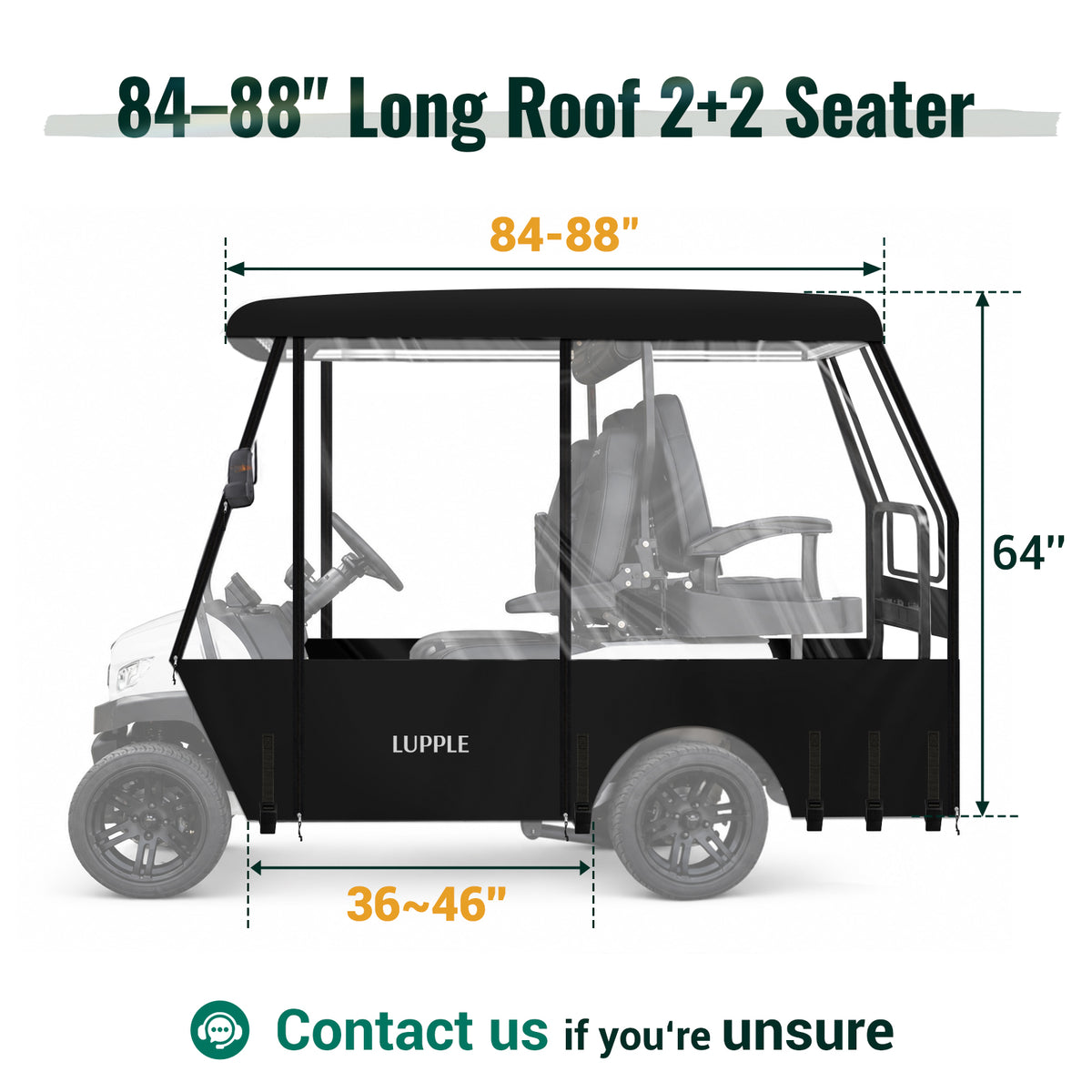Side-view diagram of a 2+2 golf cart with the roof length marked 84–88 inches.