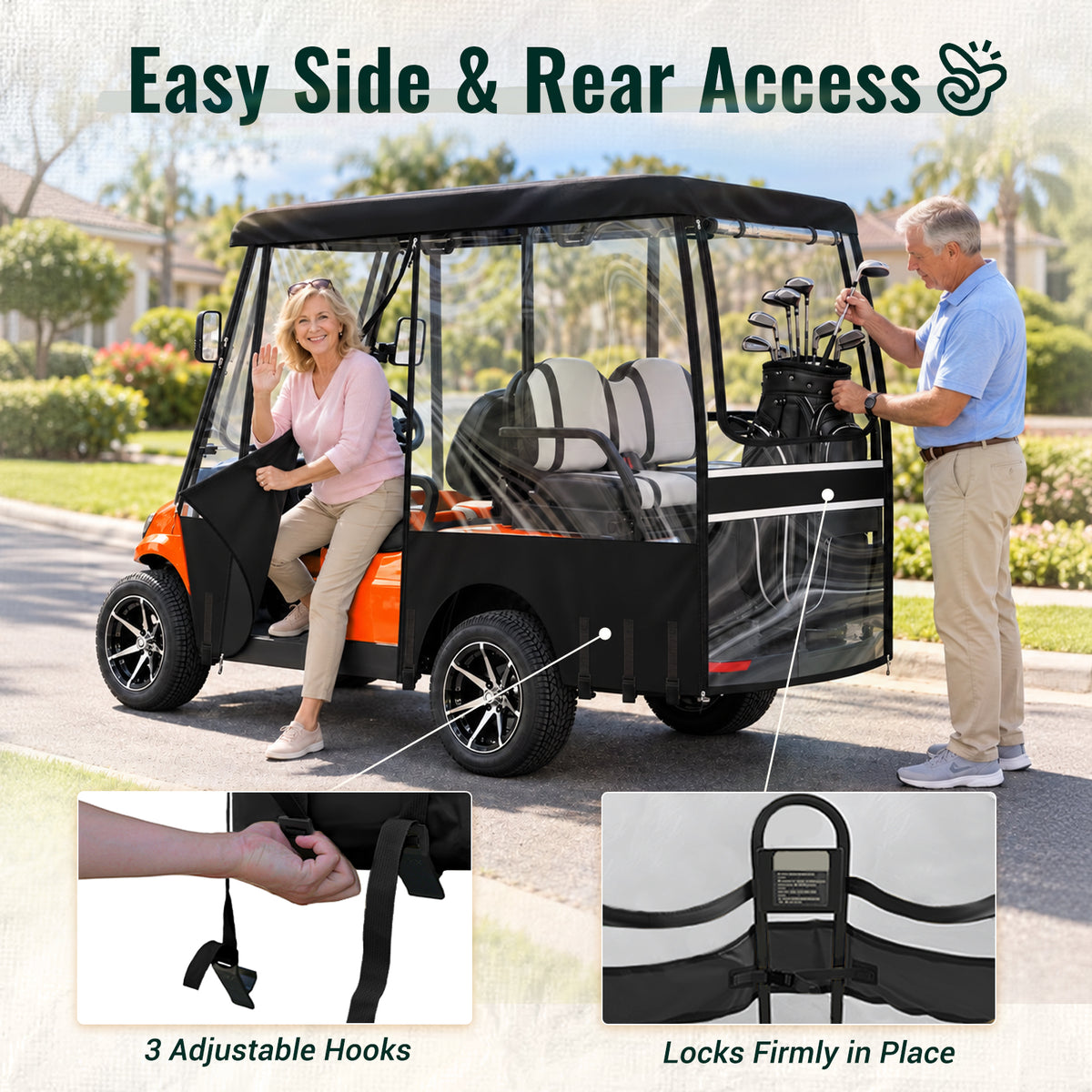 Detail views showing zippered side and rear access panels and enclosure attachment points.
