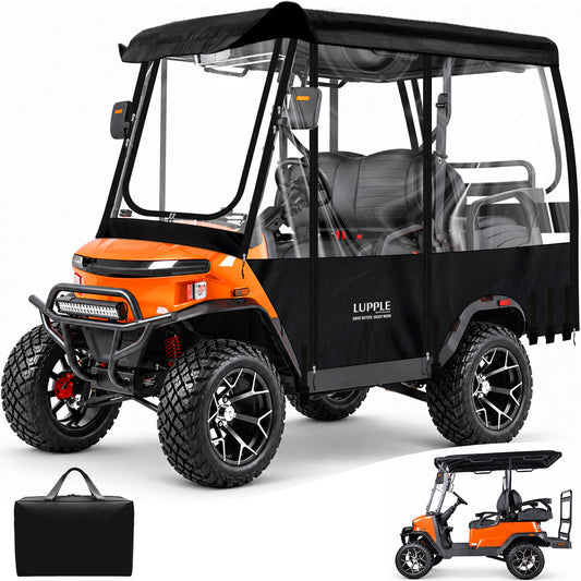Black LUPPLE enclosure on an orange 2+2 golf cart, with carrying bag and uncovered cart inset
