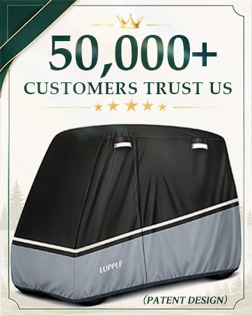 Golf cart cover graphic displaying 50,000+ Customers Trust Us and Patent Design