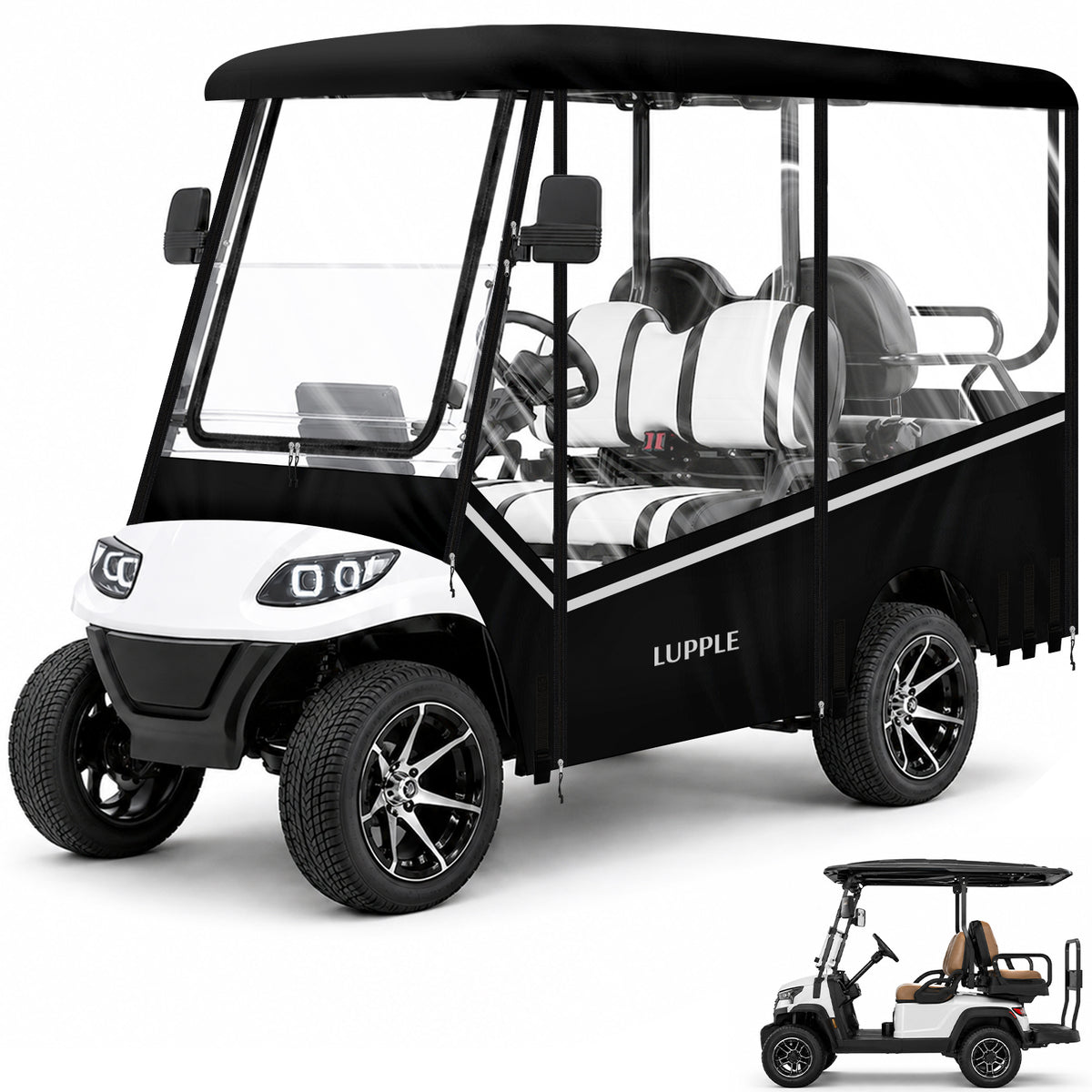 4 Passenger Golf Cart Enclosure for 83–88" Long Roof for Evolution & Icon, 2+2 Seat, Signature V-Shaped Design