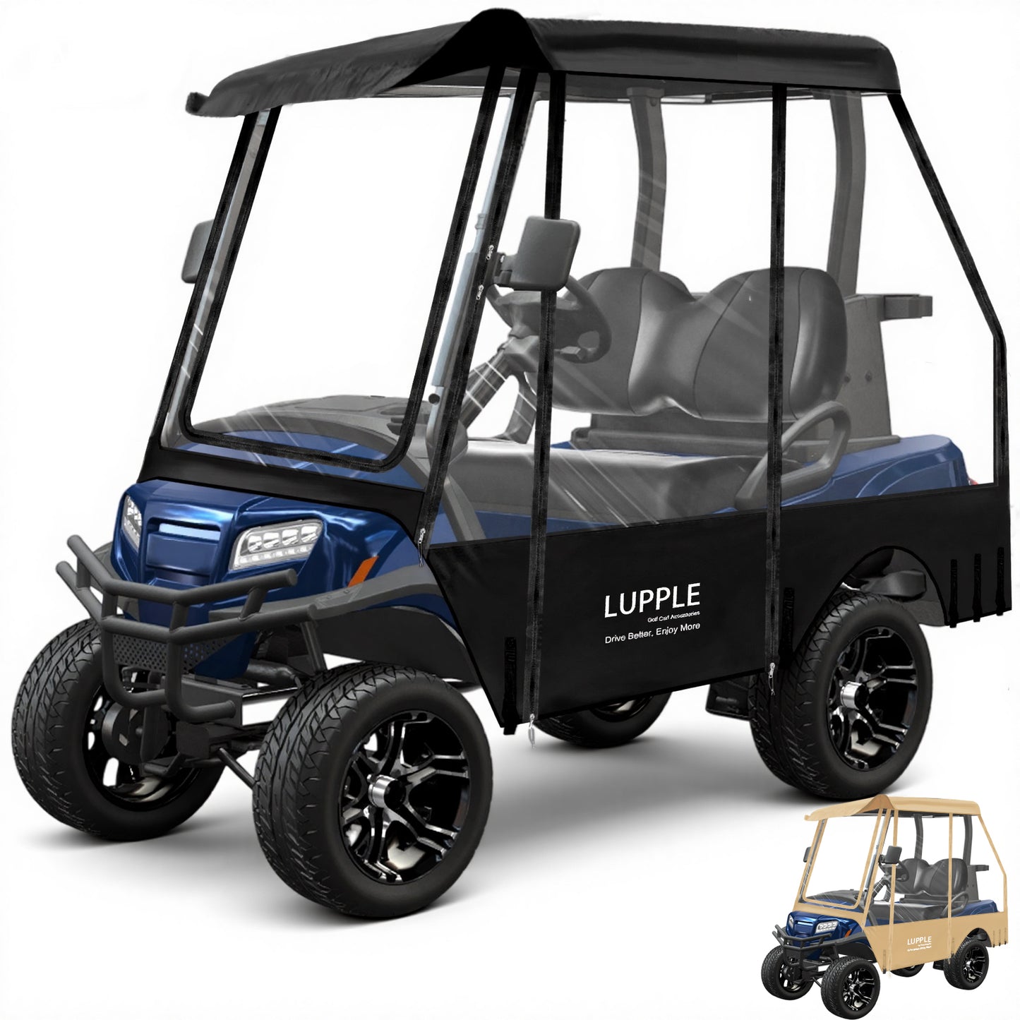 2 Passenger Golf Cart Enclosure for EZGO TXT/RXV, Fits 57–61" Roofs, 600D+PVC, Extended Rear Space, 4-Side Zip Doors