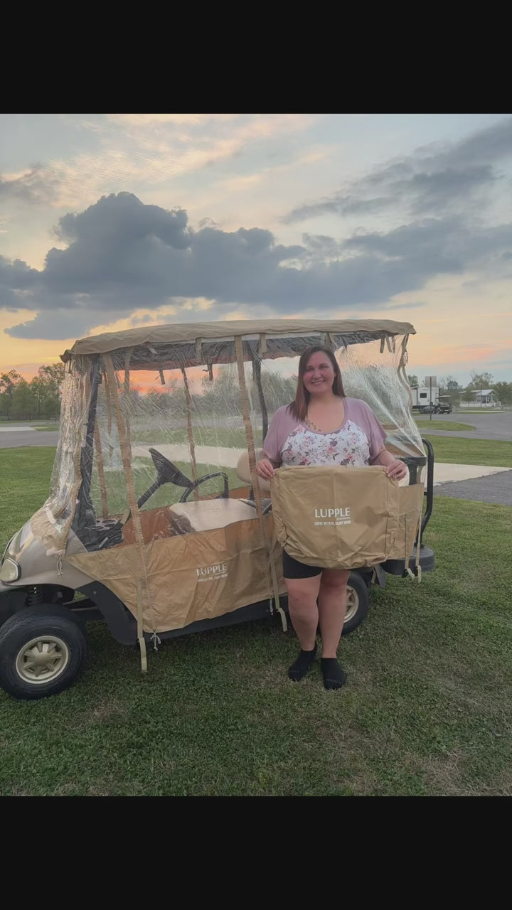 Load video: Installing a LUPPLE golf cart enclosure on an EZGO RXV 2+2, followed by a short drive.
