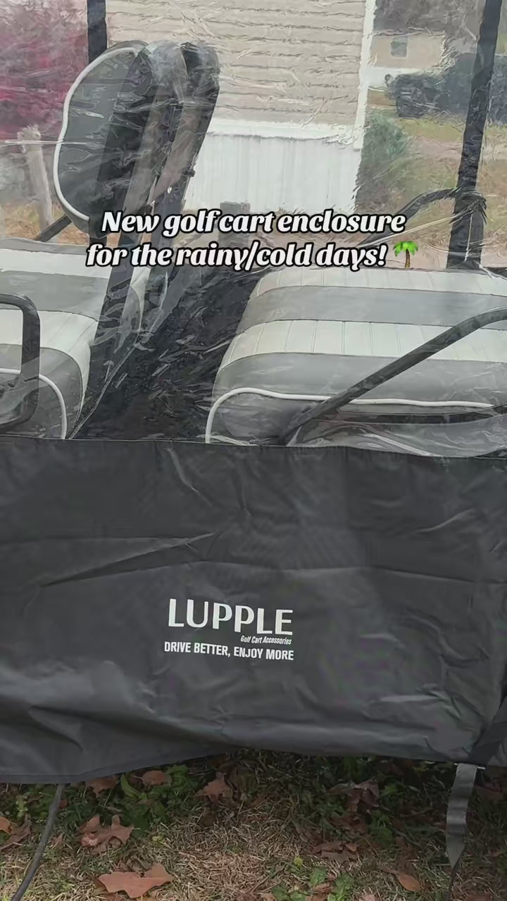 Load video: Showing a LUPPLE golf cart enclosure installed on an EZGO TXT 6-passenger golf cart.